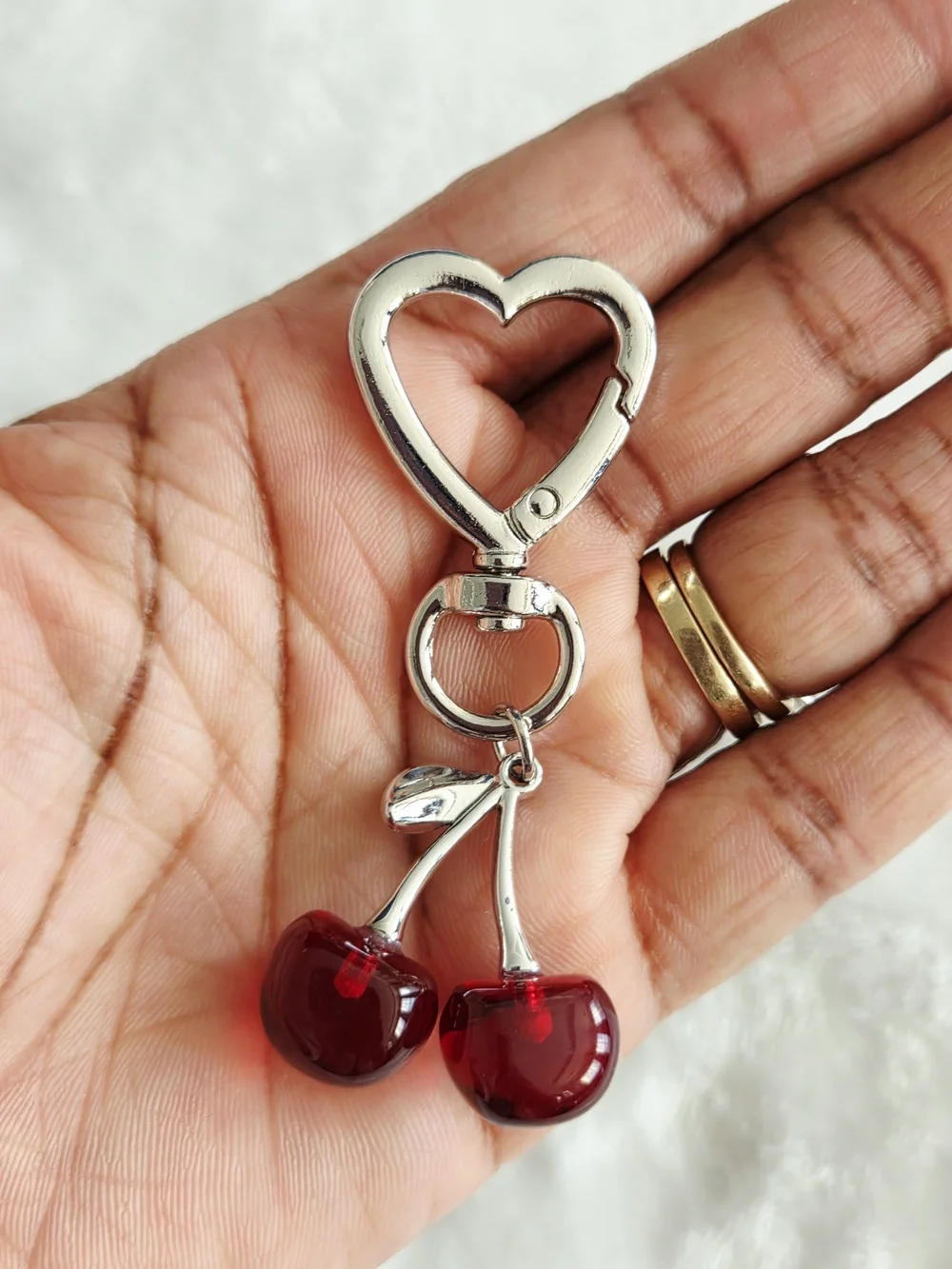 Silver Heart Keychain with Red Cherry Bag Charm Beautifu Fruit Purse Charm